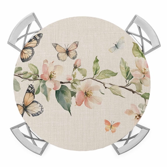 Pink Flowers Elastic Fitted Round Table Cover Butterfly Leaf Waterproof Outdoor Tablecloth for Holiday Party, Picnic, Patio & Dining Fits Tables Up to 45"-54"