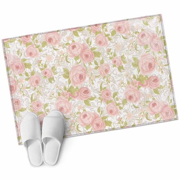 Pink Flowers Entryway Rug 2x3 Area Rug Washable Indoor Doormat Small Bathroom Rugs Low Pile Accent Throw Rugs Country Botanical Floral Leaves Romantic Floor Carpet for Kitchen Bedroom Entrance