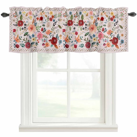 Pink Flowers Farmhouse Short Window Curtain Valances, Spring Farmhouse Floral Leaves Vintage Rod Pocket Kitchen Valances for Living Room Bedroom Bathroom Cafe 54" x 18"