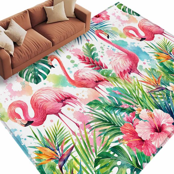 Pink Flowers Flamingos Area Rug 6x9 Washable Rug Non Slip Summer Botanical Tropical Leaves Large Area Rug Soft Stainresistant Indoor Floor Carpet for Living Room Bedroom Office Dining Room Nursery