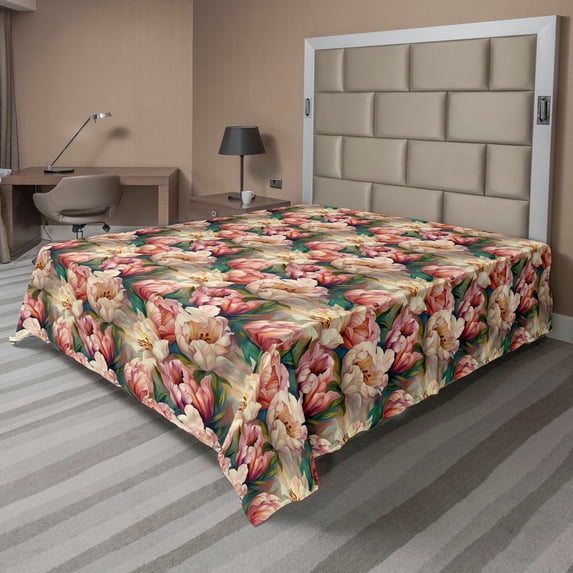 Ambesonne Pink Flowers Flat Bedding Sheet Soft Top Sheet, Expressionist Blooming, King, Pale Peach Green Teal