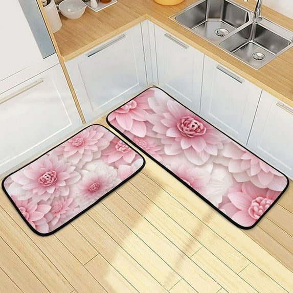 Pink Flowers Floral Kitchen Rugs Set of 2 Non Slip Floor Foam Mat Cushioned Soft Waterproof Carpet Runner for Dining Room Laundry