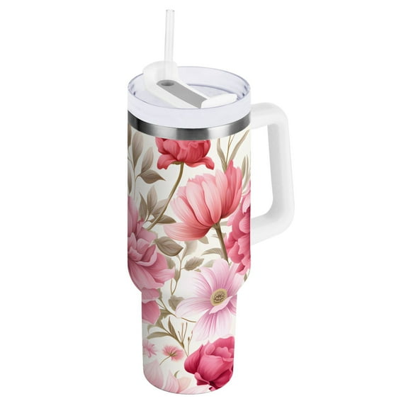 Pink Flowers Floral Print Tumbler with Handle and Straw Insulated Travel Mug Reusable Stainless Steel Water Bottle 40 oz