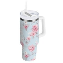 Pink Flowers Floral Tumbler with Handle and Straw Insulated Travel Mug Reusable Stainless Steel Water Bottle 40 oz