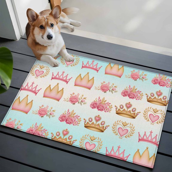 Pink Flowers Front Door Rugs 2x3 ft Love Princess Crown Rose Abstract Gradient Blue Small Rug for Entryway Non Slip Washable Bathroom Door Mat Absorbent Floor Mat for Indoor Entrance