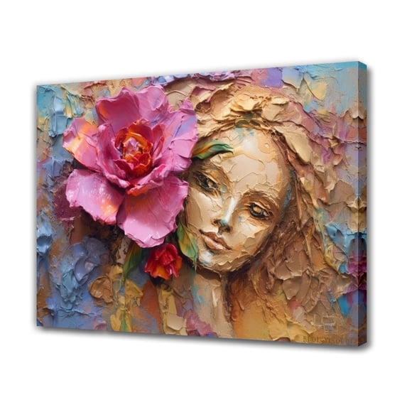 Pink Flowers Girl Face Painting Canvas Poster Bedroom Decor Sports Landscape Office Room Decor Gift,Frame-style,24x36inch(60x90cm)