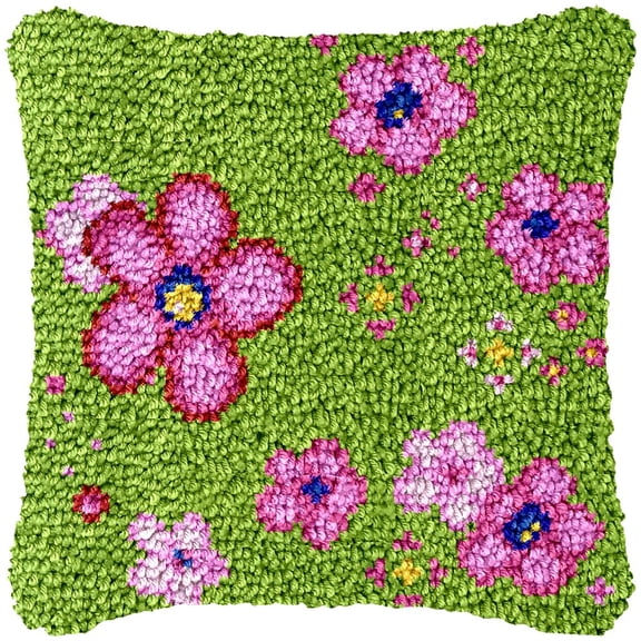 Pink Flowers in Green Latch Hook Kits Pillow Cover DIY Rug Making Crochet Hook Cushion Making Kits with Preprinted Pattern Canvas DIY Needlework Crochet Kits Sofa Decor 43x43cm