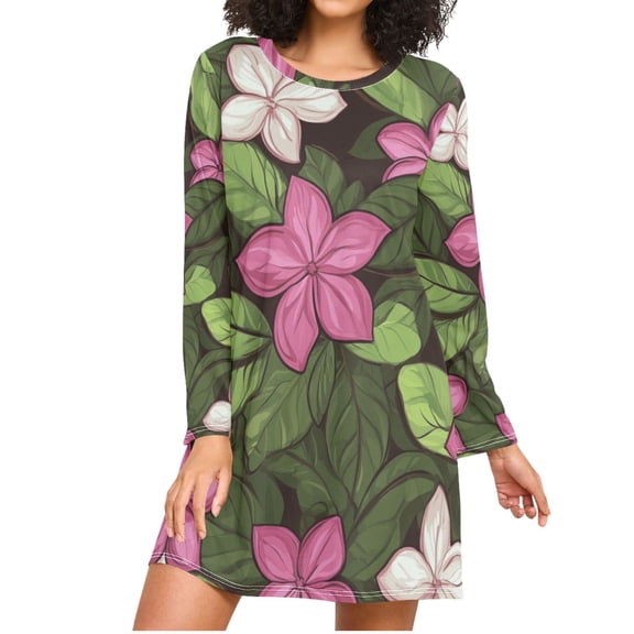 Pink Flowers Green Leaves Women's Long Sleeves Nightgowns Sleepwear Soft Pajama A-line Sleep Dress XXXL