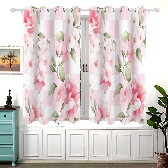 Pink Flowers Grids Black Out Curtains Aesthetic for Bedroom Living Room Sliding Glass Doors Kitchen Windows 2 panels set