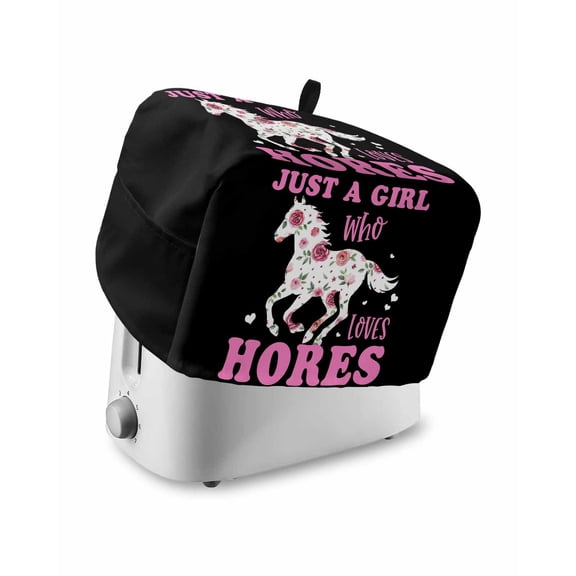 Pink Flowers Horse Toaster Cover 4 Slice, Large Kitchen Appliance Covers, JUST A GIRL WHO LOVES HORSE Pink Rose Black Toaster Oven Cover with Loop, Bread Machine Cover Polyester Dust Cover Protection