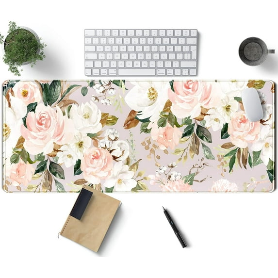 Pink Flowers Keyboard Pad PC Gaming Desk Mat Desk Mouse Pads Green Leaves Floral Mouse Pad Large, Computer XL Big Mousepad Deskpad Mat with Stitched Edge for Women Home Office Decor 31.5x11.8 in