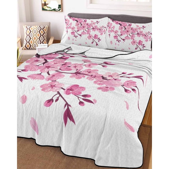 Pink Flowers King Size Down Alternative Comforter, Lightweight Comforter Quilt Bedding Set with Pillow Shams Pastoral Botanical Blossom Tree Branches All Seasons Bed Comforter Duvet Insert 96"x106"
