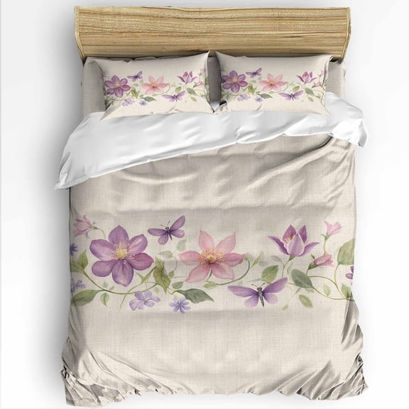 Pink Flowers King Size Comforter Set, Spring Watercolor Pastoral Linen Texture Soft Bedding for All Seasons, 4 Pcs Bed Set with 1Comforter (90"x106") ,1 Sheet(94"x116"), 2 Pillowcases (19"x35")