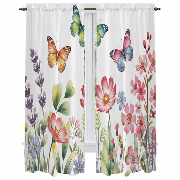 Pink Flowers Kitchen Curtain for Berdoom Living Room Cafe 72 Inch Length, Spring Floral Butterfly Elegant Pastoral Tiers Curtains Light Filtering Drapes Rod Pocket Window Treatment 2 Panels 52"Wx72"L