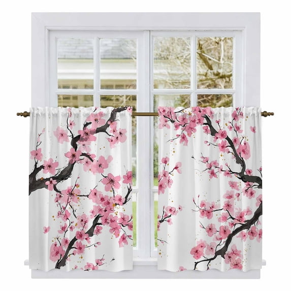 Pink Flowers Kitchen Curtains 45 Inch Length, Pink Blossoms Botanical Floral Branches Tiers Curtains for Bathroom Bedroom Cafe, Light Filtering Small Window Treatment Short Drapes 2 Panels 42"Wx45"L