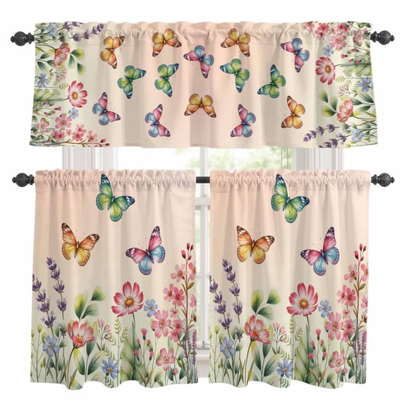 Pink Flowers Kitchen Curtains Sets for Windows 36 Inch Length, Spring Floral Butterfly Elegant Pastoral Botanical Rod Pocket Window Treatments Tier Curtains and Valances Set for Bedroom/Bathroom