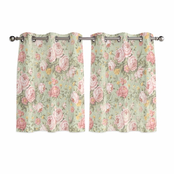 Pink Flowers Kitchen Curtains Short 45 Inch Length, Green Country Botanical Floral Leaves Grommet Top Bedroom Living Room Curtains, Light Filtering Cafe Curtain Drapes 2 Panels Set 84''x45''
