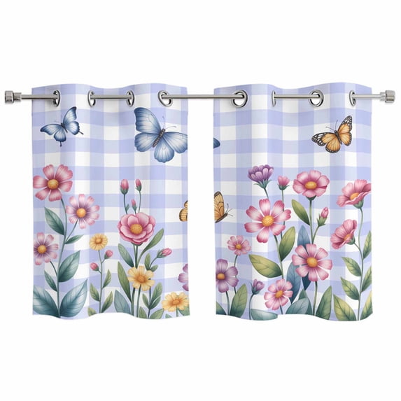 Pink Flowers Kitchen Curtains Window Panels, Spring Floral Butterfly Leaves Plants Blue Plaid Insulated Window Treatment Curtain, Grommet Curtains for Bedroom/Living Room, 2 Piece 27.5"Wx39"L
