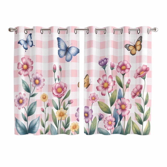 Pink Flowers Kitchen Curtains Window Panels, Spring Floral Butterfly Leaves Plants Rustic Plaid Insulated Window Treatment Curtain, Grommet Curtains for Bedroom/Living Room, 2 Piece 52"Wx72"L