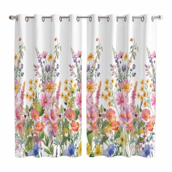 Pink Flowers Kitchen Curtains Window Panels, Spring Floral Daisy Farmhouse Pastoral Botanical Insulated Window Treatment Curtain, Grommet Curtains for Bedroom/Living Room/Bathroom, 2 Piece 42"Wx63"L