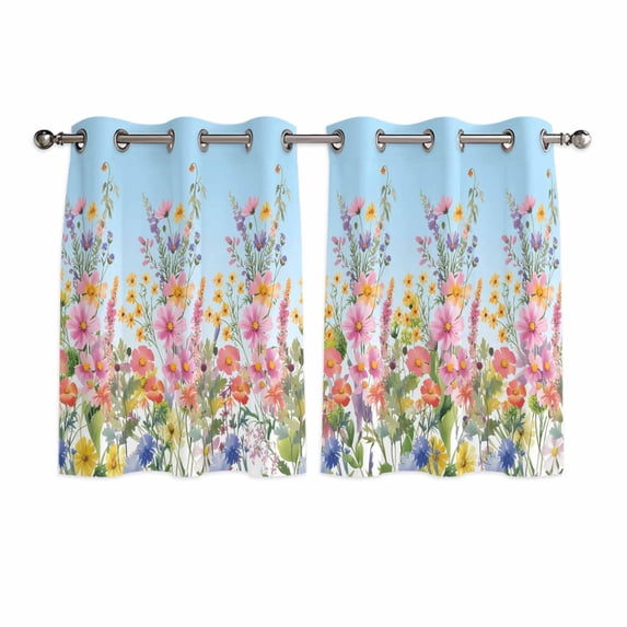 Pink Flowers Kitchen Curtains Window Panels, Spring Floral Daisy Pastoral Botanical Sky Blue Insulated Window Treatment Curtain, Grommet Curtains for Bedroom/Living Room/Bathroom, 2 Piece 42"Wx45"L