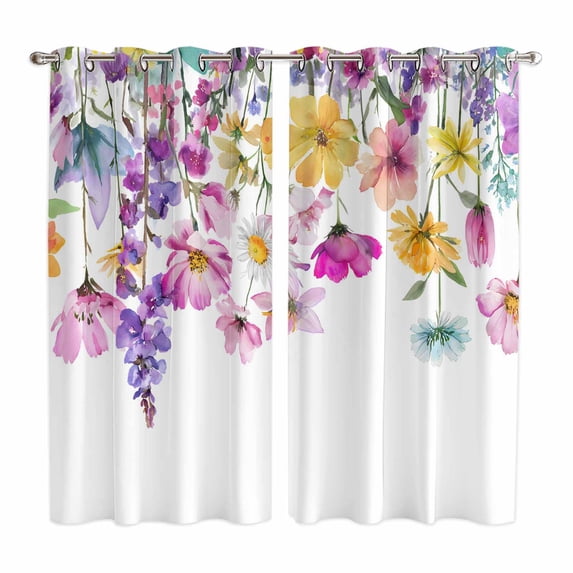 Pink Flowers Kitchen Curtains Window Panels, Spring Floral Elegant Pastoral Watercolor Insulated Window Treatment Curtain, Grommet Curtains for Bedroom/Living Room/Bathroom, 2 Piece 42"Wx63"L