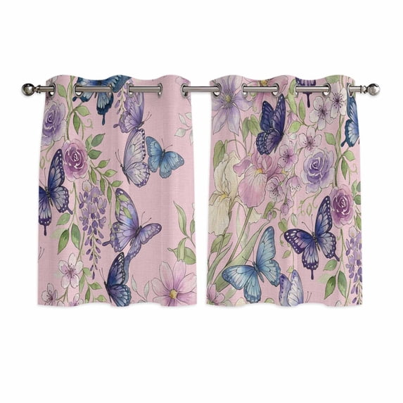 Pink Flowers Kitchen Curtains Window Panels, Spring Floral Purple Butterflies Farmhouse Insulated Window Treatment Curtain, Grommet Curtains for Bedroom/Living Room/Bathroom, 2 Piece 52"Wx45"L