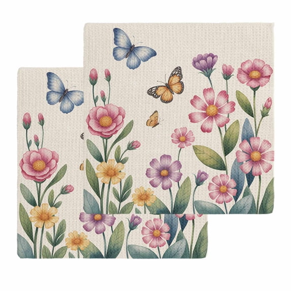 Pink Flowers Kitchen Dish Towels for Drying Dishes Set of 2, Spring Floral Butterfly Leaves Plants Retro Beige Waffle Weave Microfiber Hand Tea Bathroom Towels Quick Dry & Absorbent Towel 12x12