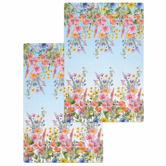 Pink Flowers Kitchen Dish Towels for Drying Dishes Set of 2, Spring Floral Daisy Pastoral Botanical Sky Blue Waffle Weave Microfiber Hand Tea Bathroom Towels Quick Dry & Absorbent Towel 15.7x23.6