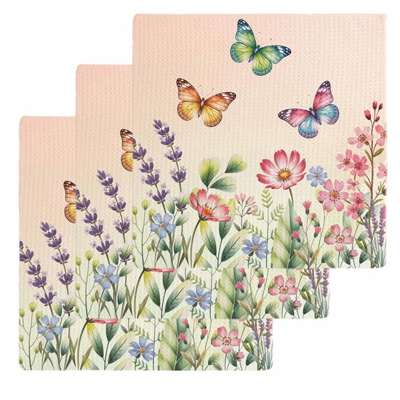 Pink Flowers Kitchen Dish Towels for Drying Dishes Set of 3, Spring Floral Butterfly Elegant Pastoral Botanical Waffle Weave Microfiber Hand Tea Bathroom Towels Quick Dry & Absorbent Towel 12x12