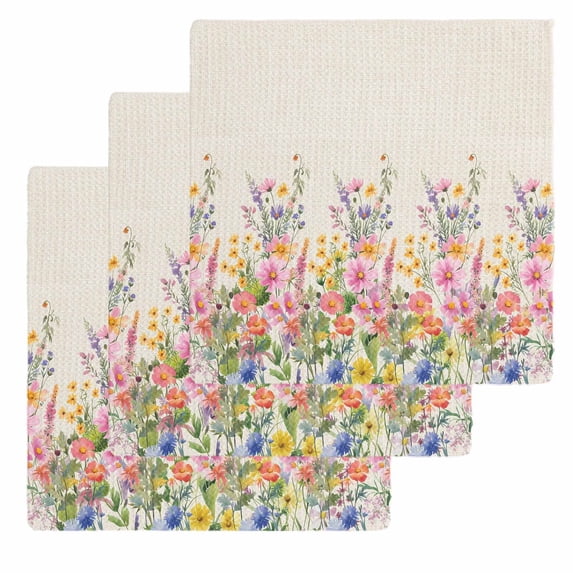 Pink Flowers Kitchen Dish Towels for Drying Dishes Set of 3, Spring Floral Daisy Vintage Pastoral Botanical Waffle Weave Microfiber Hand Tea Bathroom Towels Quick Dry & Absorbent Towel 12x12