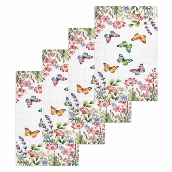 Pink Flowers Kitchen Dish Towels for Drying Dishes Set of 4, Spring Floral Butterfly Elegant Pastoral Waffle Weave Microfiber Hand Tea Bathroom Towels Quick Dry & Absorbent Towel 15.7x23.6