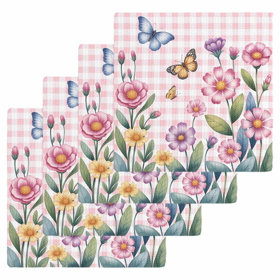 Pink Flowers Kitchen Dish Towels for Drying Dishes Set of 4, Spring Floral Butterfly Leaves Plants Rustic Plaid Waffle Weave Microfiber Hand Tea Bathroom Towels Quick Dry & Absorbent Towel 12x12