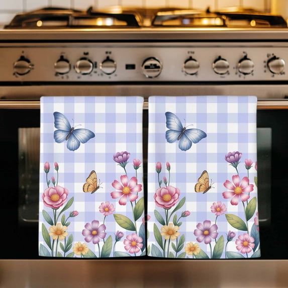 Pink Flowers Kitchen Towels Set of 2, Spring Floral Butterfly Leaves Plants Blue Plaid Absorbent Dish Towels for Kitchen, Microfiber Hand Towel, Quick Drying Tea Towel for Cleaning Dishcloths