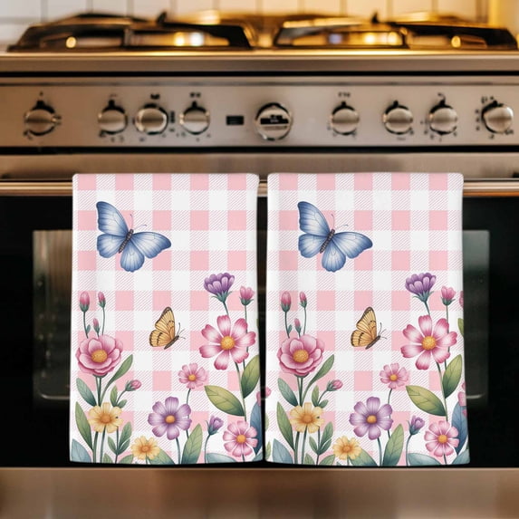 Pink Flowers Kitchen Towels Set of 2, Spring Floral Butterfly Leaves Plants Rustic Plaid Absorbent Dish Towels for Kitchen, Microfiber Hand Towel, Quick Drying Tea Towel for Cleaning Dishcloths