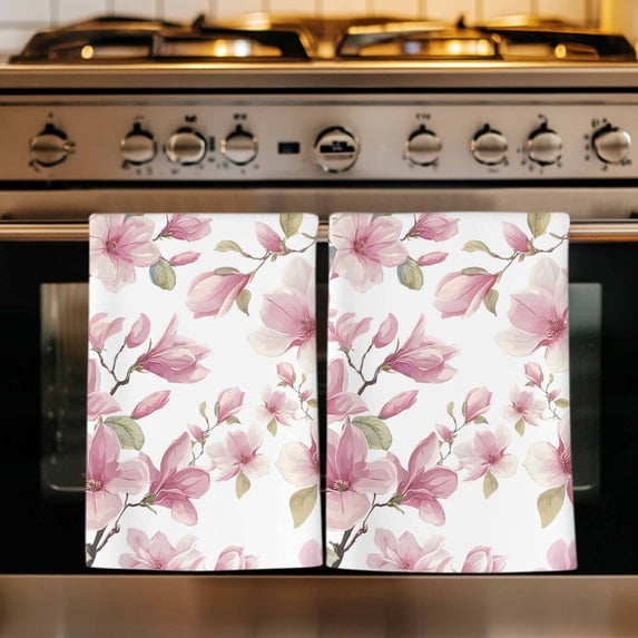 Pink Flowers Kitchen Towels Set of 2, Spring Watercolor Botanical Floral Leaf Plant Absorbent Dish Towels for Kitchen, Microfiber Hand Towel, Quick Drying Tea Towel for Cleaning Decorative Dishcloths