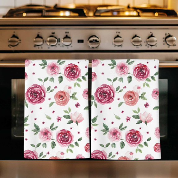 Pink Flowers Kitchen Towels Set of 3, Simple Romantic Botanical Floral Leaves Absorbent Dish Towels for Kitchen, Microfiber Hand Towel, Quick Drying Tea Towel for Cleaning Decorative Dishcloths