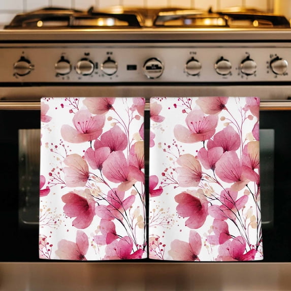 Pink Flowers Kitchen Towels Set of 3, Spring Botanical Budding Floral Branches Absorbent Dish Towels for Kitchen, Microfiber Hand Towel, Quick Drying Tea Towel for Cleaning Decorative Dishcloths