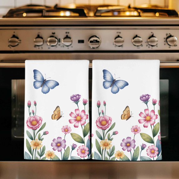 Pink Flowers Kitchen Towels Set of 3, Spring Floral Butterfly Leaves Plants Pastoral Absorbent Dish Towels for Kitchen, Microfiber Hand Towel, Quick Drying Tea Towel for Cleaning Dishcloths