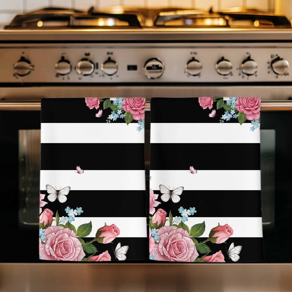 Pink Flowers Kitchen Towels Set of 4, Spring Floral Butterflies Black White Striped Farmhouse Absorbent Dish Towels for Kitchen, Microfiber Hand Towel, Quick Drying Tea Towel for Cleaning Dishcloths
