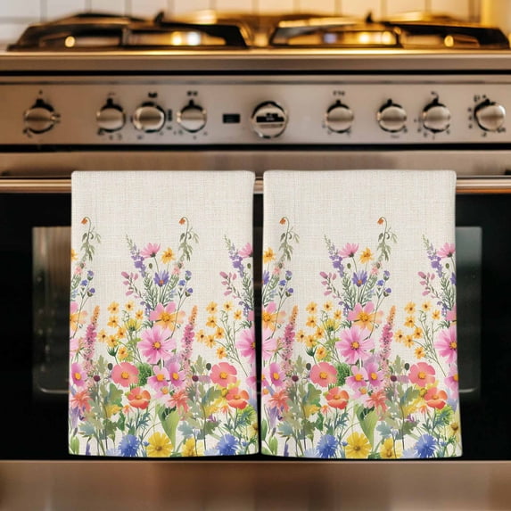 Pink Flowers Kitchen Towels Set of 4, Spring Floral Daisy Vintage Pastoral Botanical Absorbent Dish Towels for Kitchen, Microfiber Hand Towel, Quick Drying Tea Towel for Cleaning Dishcloths