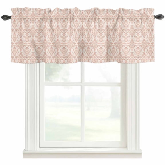 Pink Flowers Kitchen Valances for Windows, Baroque Scroll Floral Damask Pattern Art Bathroom Window Valances 54x18 Inch Rod Pocket Window Treatments Valance Curtains for Living Room Bedroom Decor