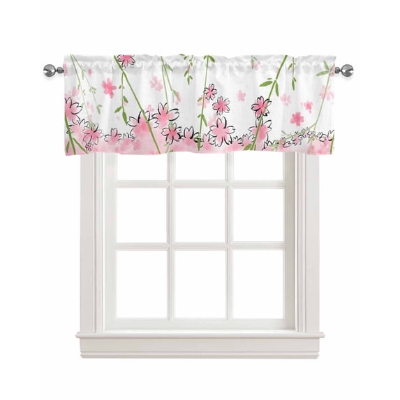 Pink Flowers Kitchen Valances for Windows Farmhouse Linen Window Valance Curtain for Living Room Window Treatment Cartoon Botanical Floral Vines Leaves Valance Rod Pocket Topper Drape, 42 x 12 Inch