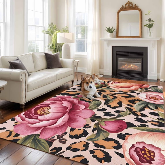 Pink Flowers Large Area Rugs 8x10 ft Retro Leopard Stripes Animals Floral Plant Washable Rug Non Slip Indoor Carpet Absorbent Floor Mat for Living Room Bedroom Dining Room