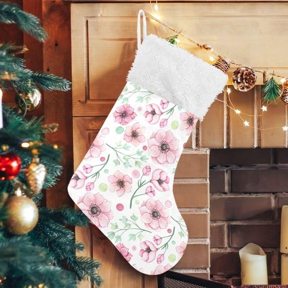 Pink Flowers Large Christmas Stockings, Hanging Xmas Stockings Candy Fireplace Stocking Hanging Tag with Crystal Velvet for Family Holiday Christmas Party Decorations,17.7"
