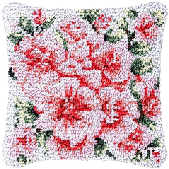 Pink Flowers Latch Hook Kits Pillow DIY Rug Cushion Making Kits with preprinted Pattern Canvas Instruction Yarns and Latch Hooking Pillow Cover Easy to Start DIY Home Decor Kits 43x43cm