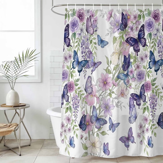 Pink Flowers Long Shower Curtain Set, Waterproof Shower Curtains for Bathroom, Spring Floral Purple Butterflies Watercolor Washable Fabric Bath Curtain for Bathtub Decoration with Hooks 72x84 Inches