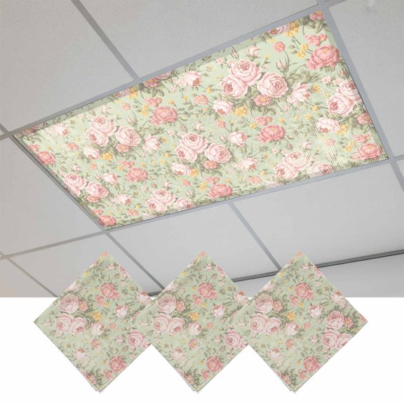 Pink Flowers Magnetic Fluorescent Light Covers for Ceiling Lights 2x4Ft, Green Country Botanical Floral Leaves Office Classroom Kitchen Drop Ceiling Light Covers Lighting Filters Shade Panel 3 Packs