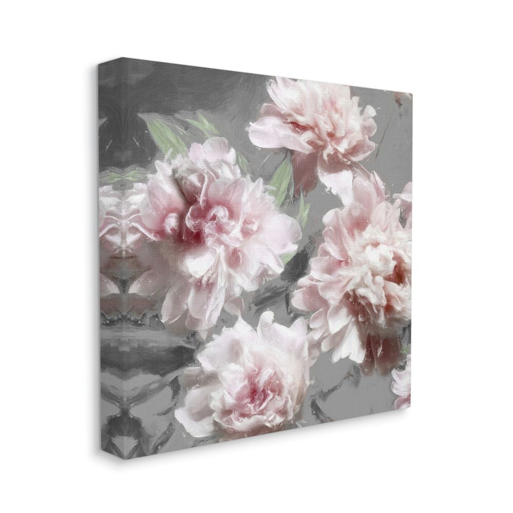 Pink Flowers On Neutral Grey Painting Botanical & Floral Gallery-Wrapped Canvas Print Wall Art, 17x17