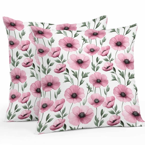 Pink Flowers Outdoor Pillow Covers Pack of 2 Poppy Watercolor Country Botanical Farmhouse Waterproof Throw Pillow Covers Decorative Cushion Cases for Patio Garden Tent Balcony Couch 16x16 inch